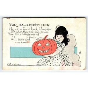 Vintage 1915 Halloween Postcard Girl Holding Jack-O'-Lantern Litho